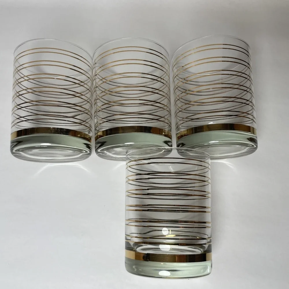 Shelton Ware On the Rocks Glasses Set of 4 Clear w/ Gold Stripe 80's Vintage Bar
